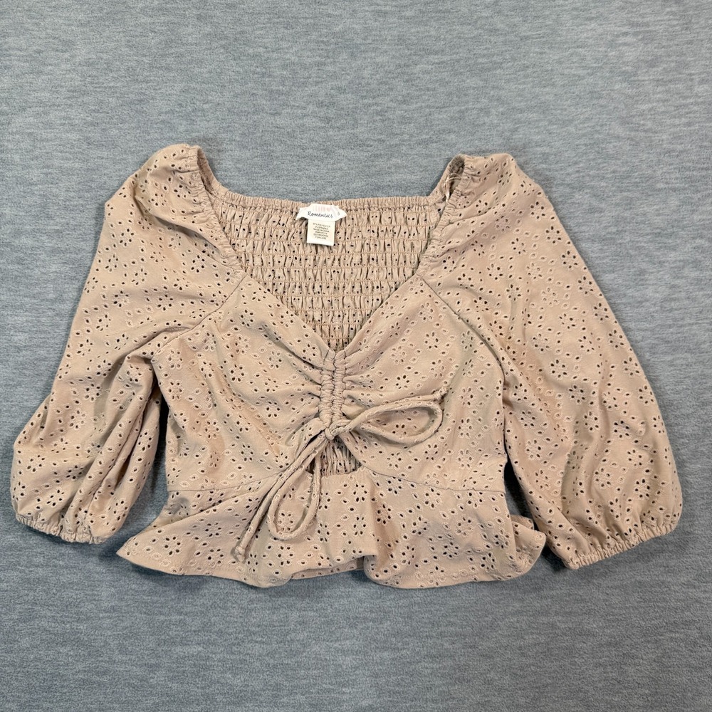 Urban Romantics Beige Eyelet Blouse Women S‎ Puff Sleeve Peplum Smocked Top